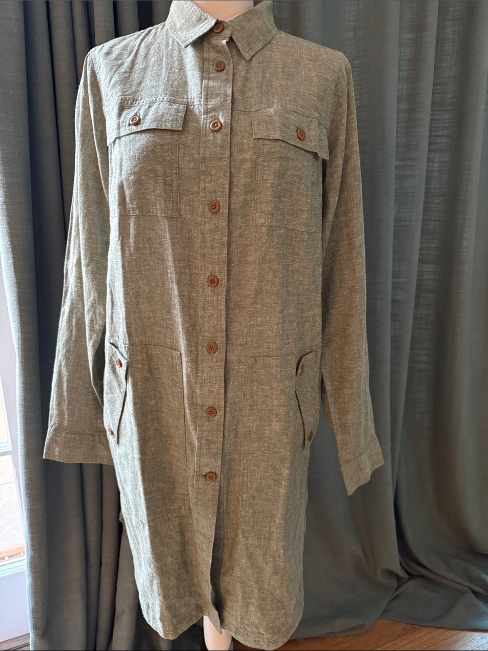 Duluth Trading Co Olive Green Long Trench Shirt Jacket